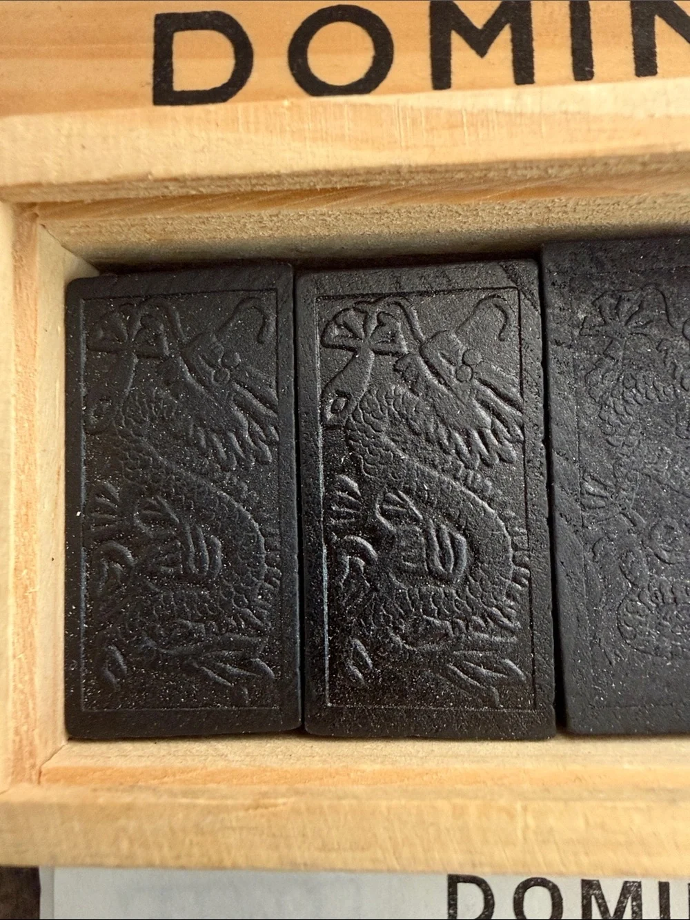 2 Sets Vintage Wooden Dominos  Natural Wood with Black Lettering Dragon Themed